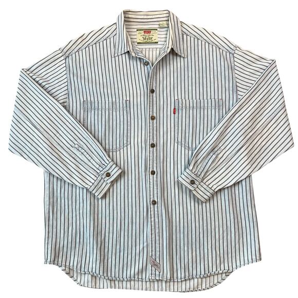 Vintage Men's Levi's Blue Denim Purple Striped Button Up Pocket Shirt (Sz XL) - Picture 1 of 10